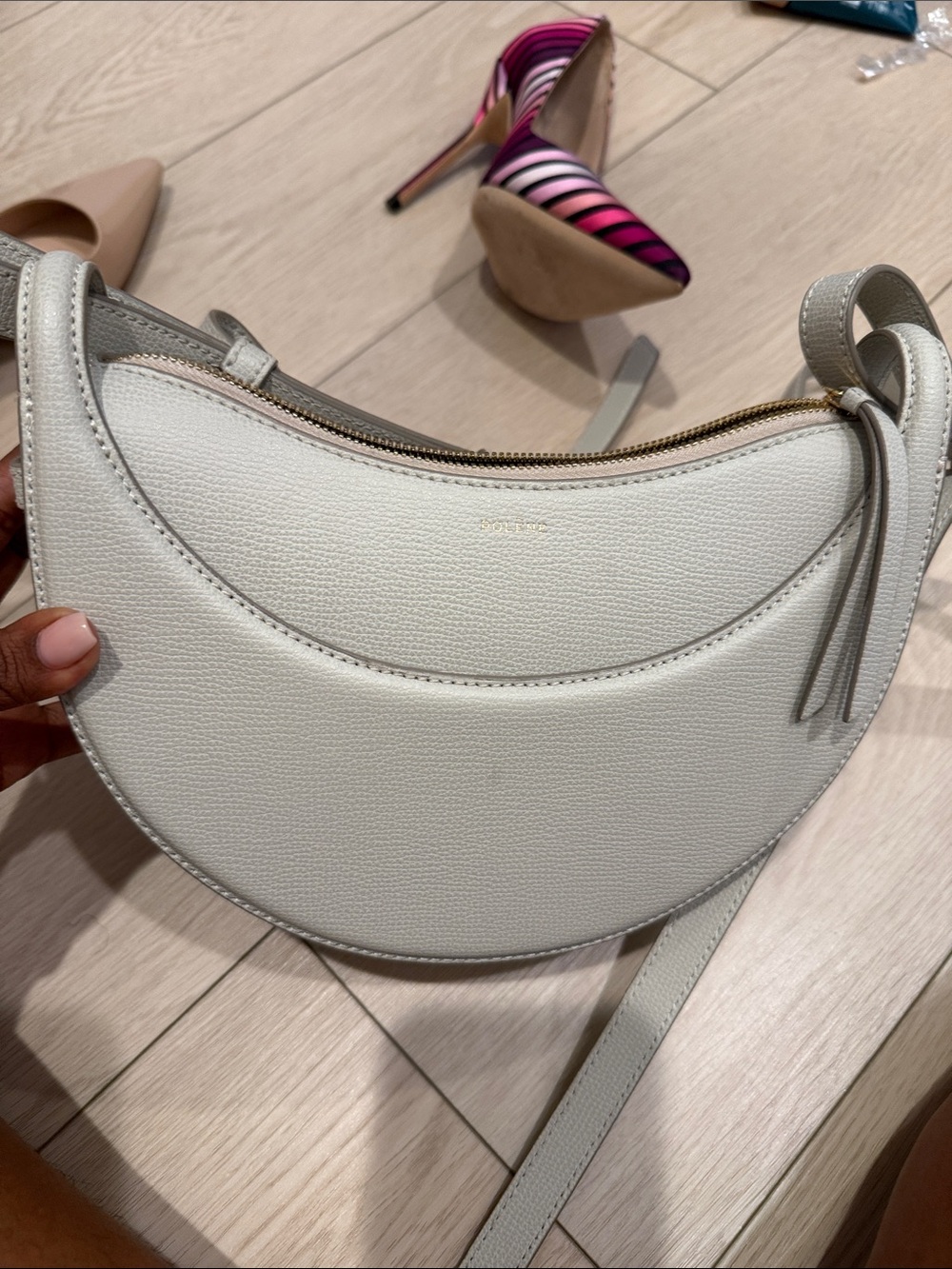 Polene White Crescent Crossbody Bag